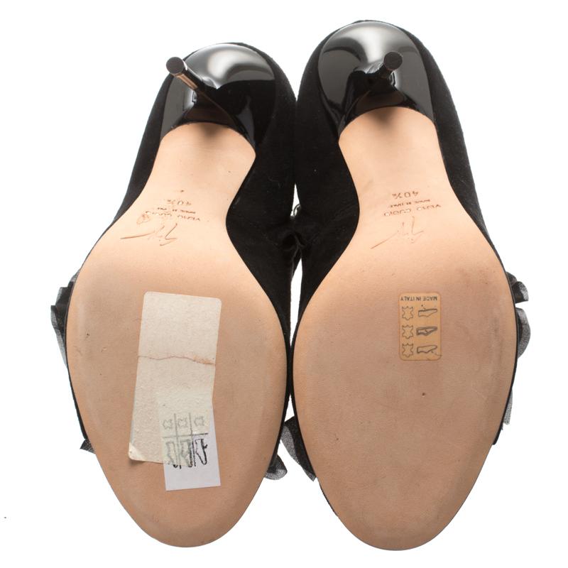 Women's Giuseppe Zanotti Black Suede Peep Toe Silk Ruffle Detail Ankle Booties Size 40.5 For Sale
