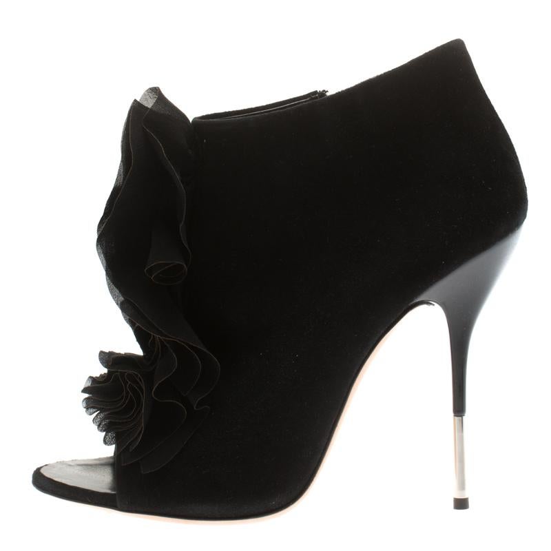 Giuseppe Zanotti Black Suede Peep Toe Silk Ruffle Detail Ankle Booties Size 40.5 For Sale 1