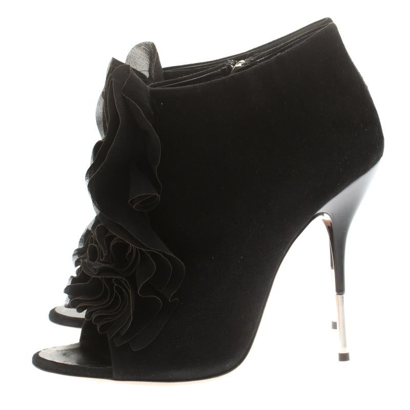 Women's Giuseppe Zanotti Black Suede Peep Toe Silk Ruffle Detail Ankle Booties Size 40.5