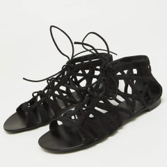 Giuseppe Zanotti Black Suede Strappy Lace Up Flat Sandals Size 38