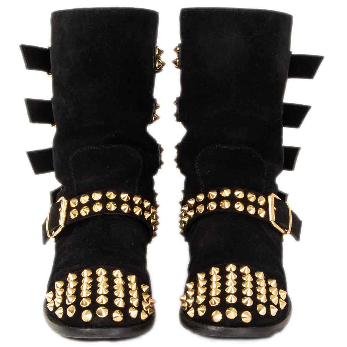 100% authentic Giuseppe Zanotti biker boots in black suede featuring studded tip and multiple straps with buckle closure. Have been worn and are in excellent condition. Come with dust bag.

Measurements
Imprinted Size	38
Shoe Size	38
Inside