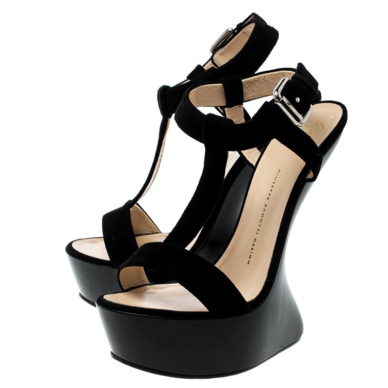 Women's Giuseppe Zanotti Black Suede T Strap Platform Heel Less Wedge Sandals Size 40