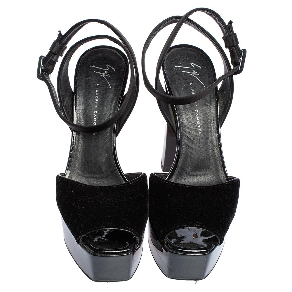 Giuseppe Zanotti Black Velvet and Satin Lavinia Platform Sandals Size 38 In Good Condition In Dubai, Al Qouz 2