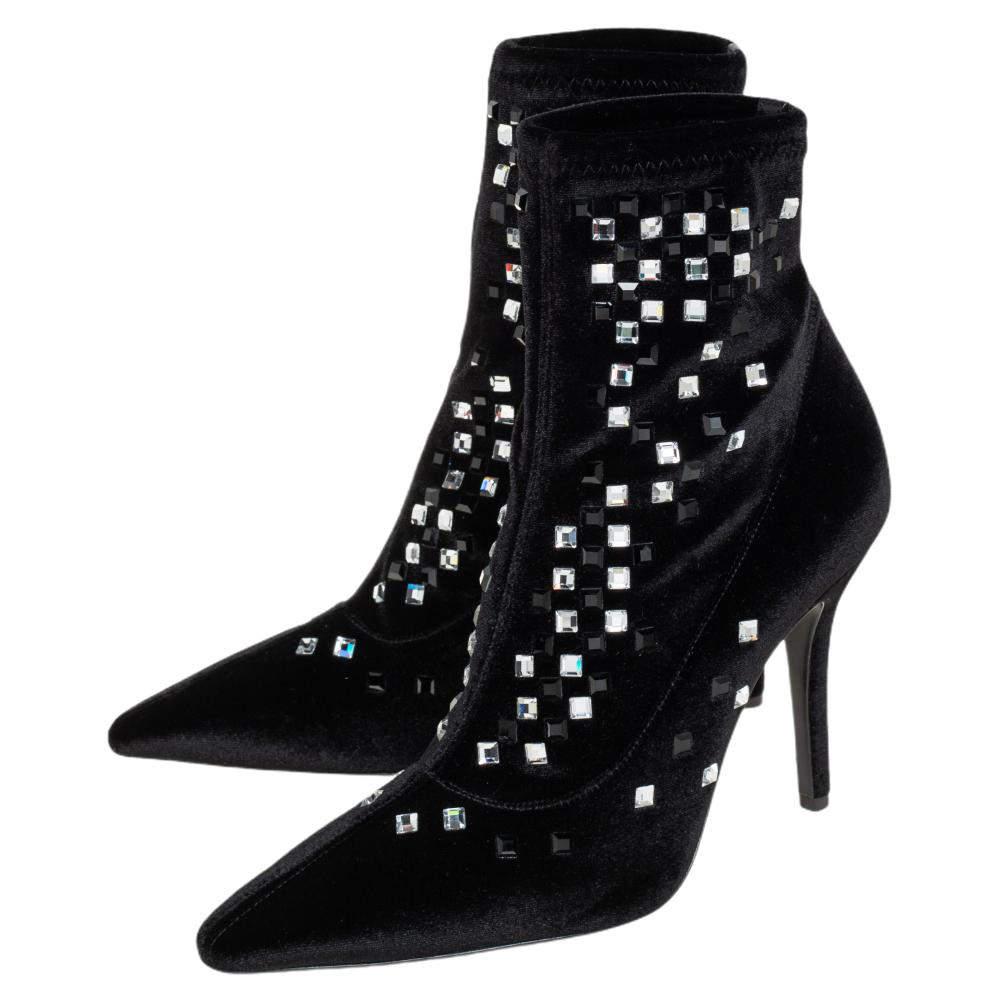 Women's Giuseppe Zanotti Black Velvet Crystal Embellished Ankle Boots Size 36 For Sale