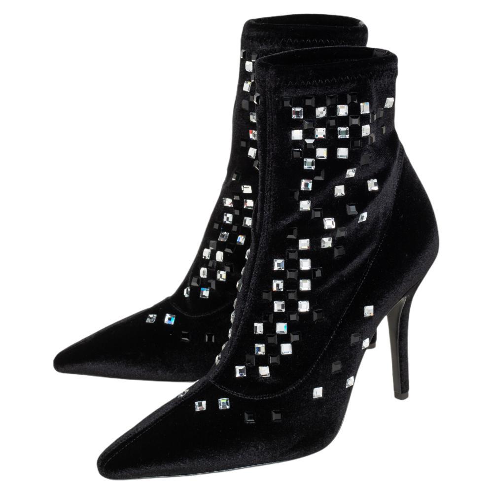 Giuseppe Zanotti Black Velvet Crystal Embellished Ankle Boots Size 36 For Sale 1