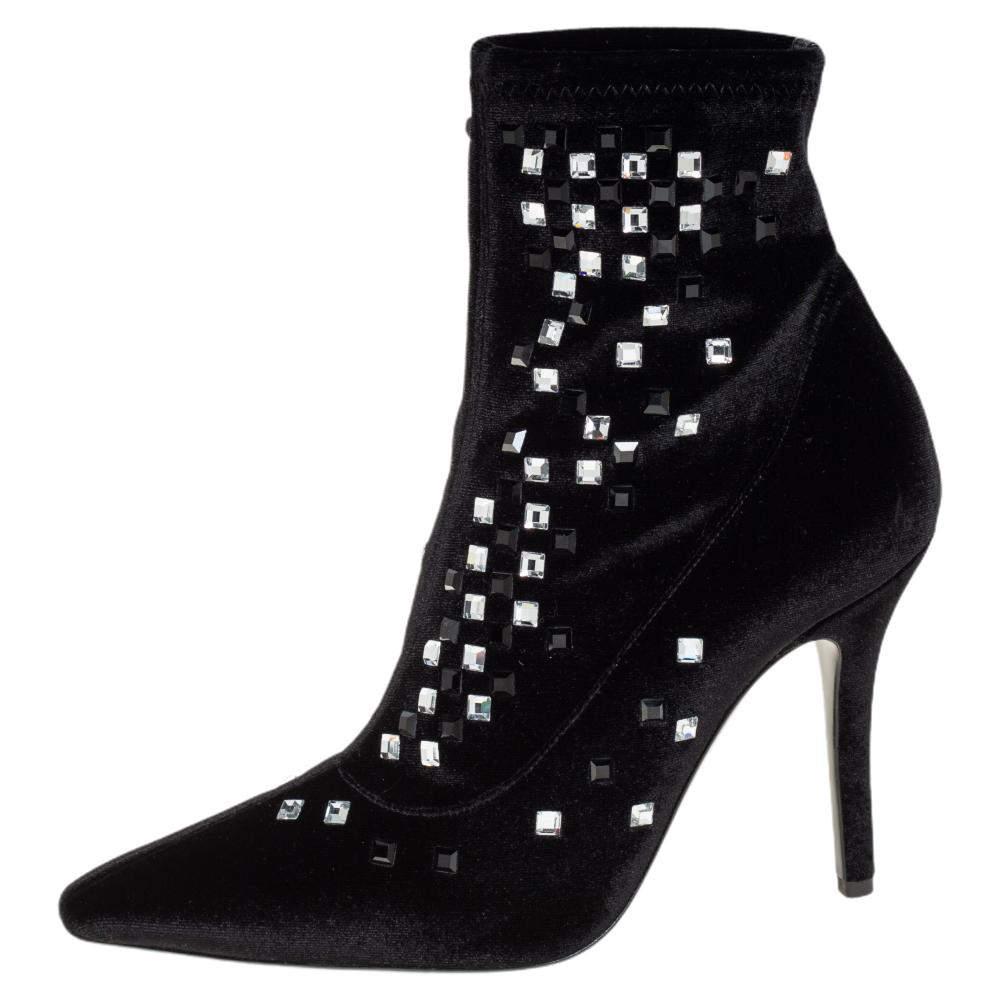 Giuseppe Zanotti Black Velvet Crystal Embellished Ankle Boots Size 36 For Sale 1