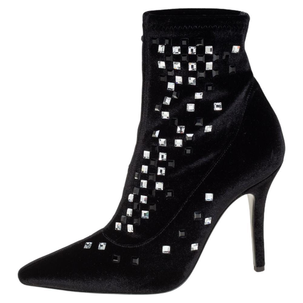 Giuseppe Zanotti Black Velvet Crystal Embellished Ankle Boots Size 36 For Sale