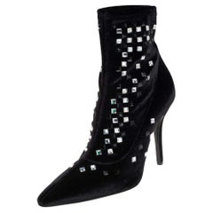 Used Giuseppe Zanotti Black Velvet Crystal Embellished Ankle Boots Size 36