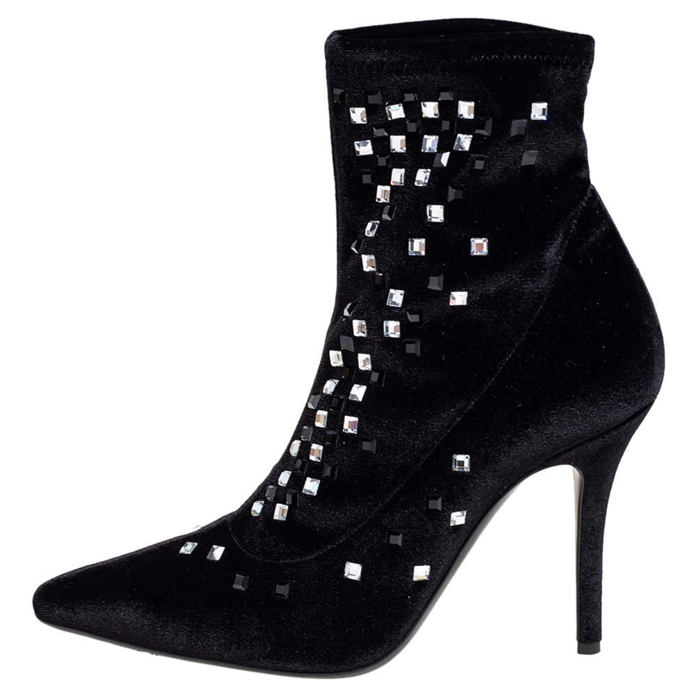 Giuseppe Zanotti Black Velvet Crystal Embellished Ankle Boots Size 39 For Sale 1