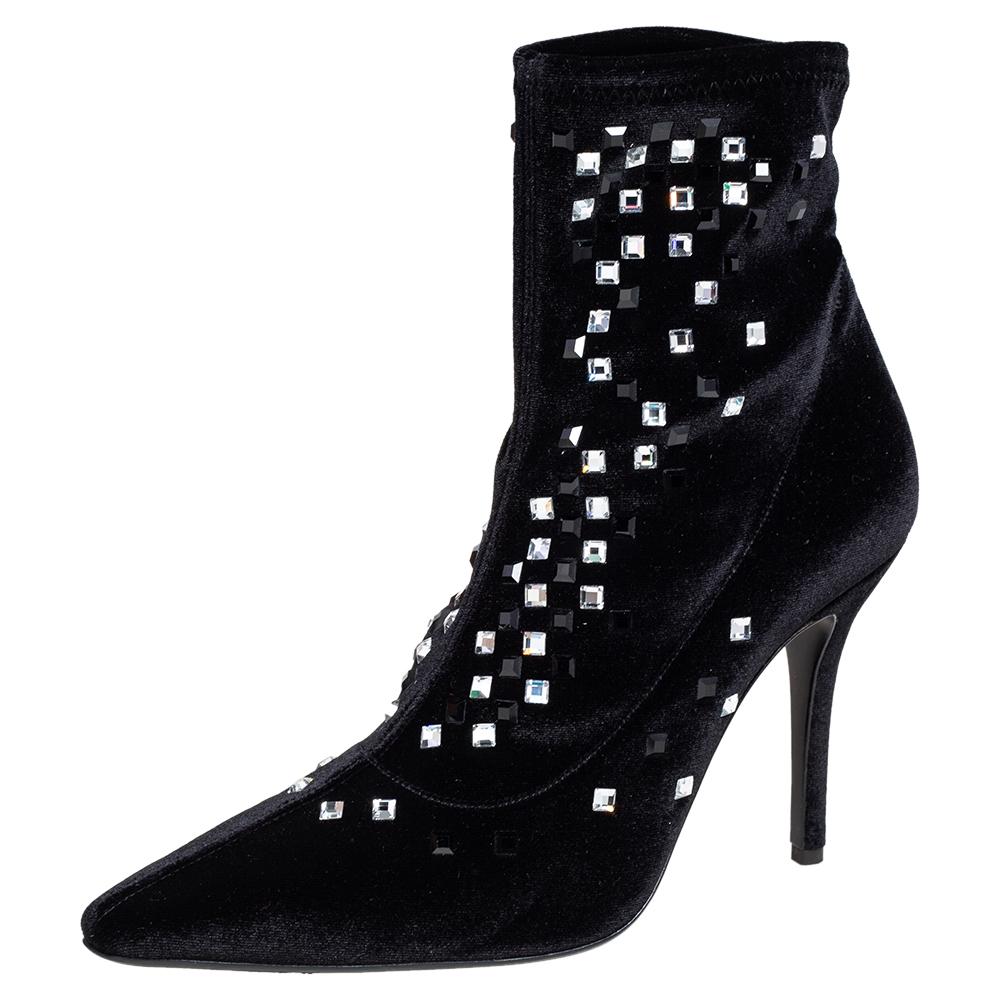 Giuseppe Zanotti Black Velvet Crystal Embellished Ankle Boots Size 39 For Sale