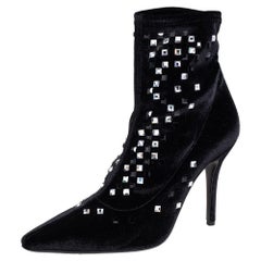 Used Giuseppe Zanotti Black Velvet Crystal Embellished Ankle Boots Size 39