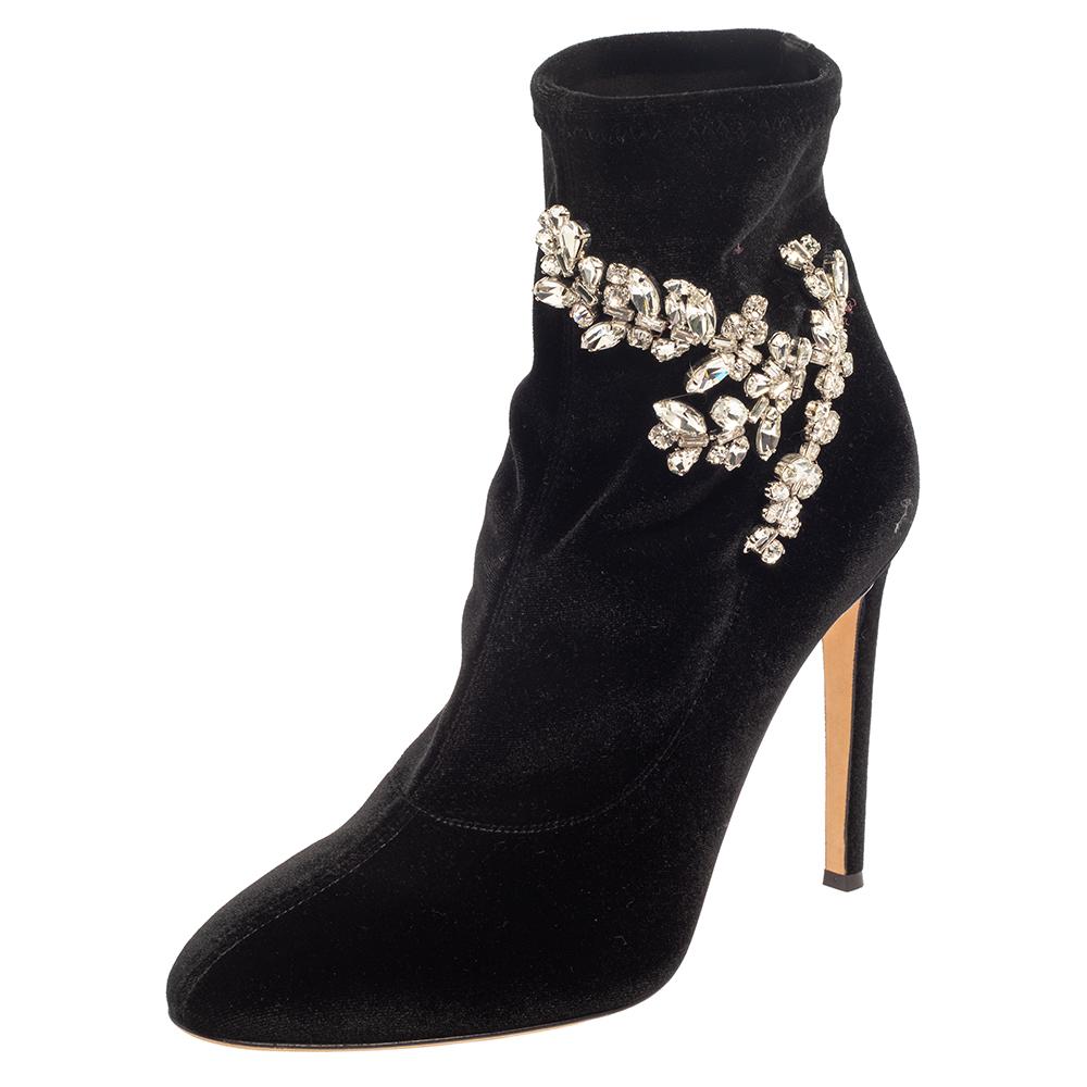 Giuseppe Zanotti Black Velvet Crystal Embellished Ankle Boots Size 41