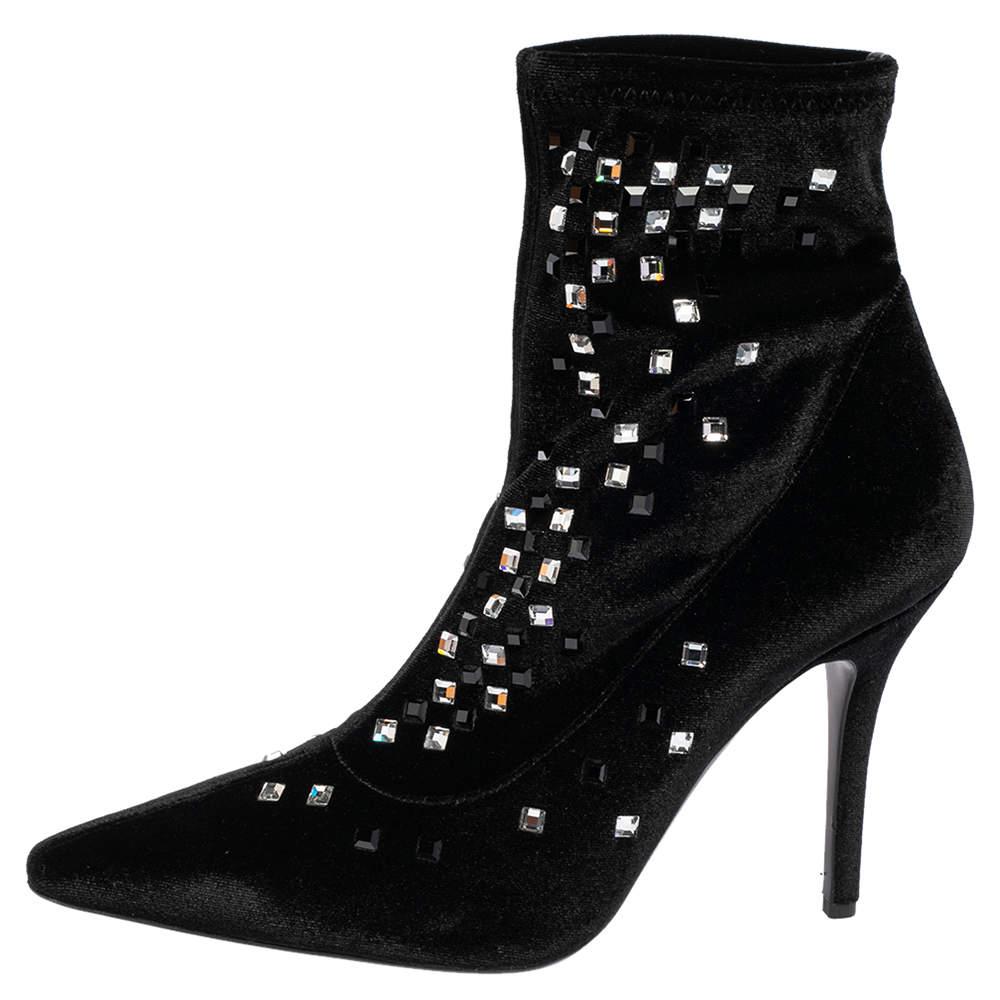 Giuseppe Zanotti Black Velvet Crystal Embellished Pointed Toe Ankle Boots Size 4 For Sale 1