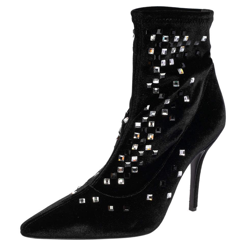 Giuseppe Zanotti Black Velvet Crystal Embellished Pointed Toe Ankle Boots Size 4 For Sale