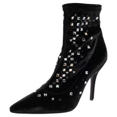 Giuseppe Zanotti Black Velvet Crystal Embellished Pointed Toe Ankle Boots Size 4