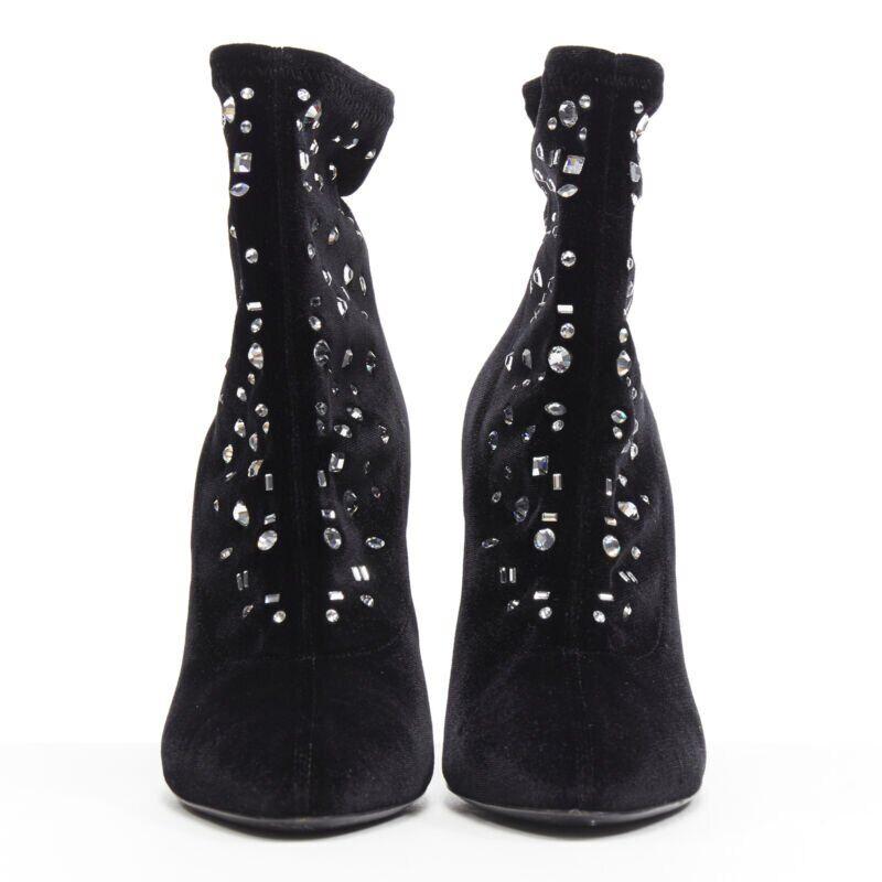 Black GIUSEPPE ZANOTTI black velvet crystal jewel embellished pull on sock bootie EU39 For Sale