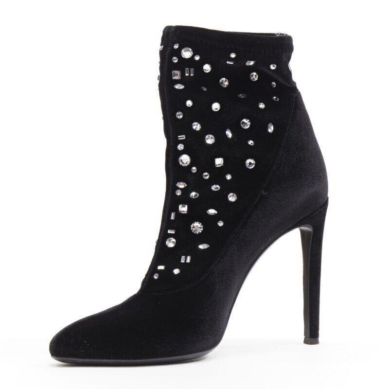 GIUSEPPE ZANOTTI black velvet crystal jewel embellished pull on sock bootie EU39 In Good Condition For Sale In Hong Kong, NT