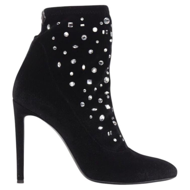 Pre-owned Giuseppe Zanotti Black Velvet Crystal Jewel Embellished Pull On Sock Bootie Eu39