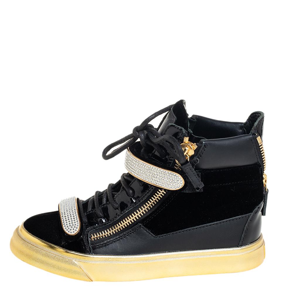 Giuseppe Zanotti Black Velvet Crystal Strap High Top Sneakers Size 35 For Sale 1