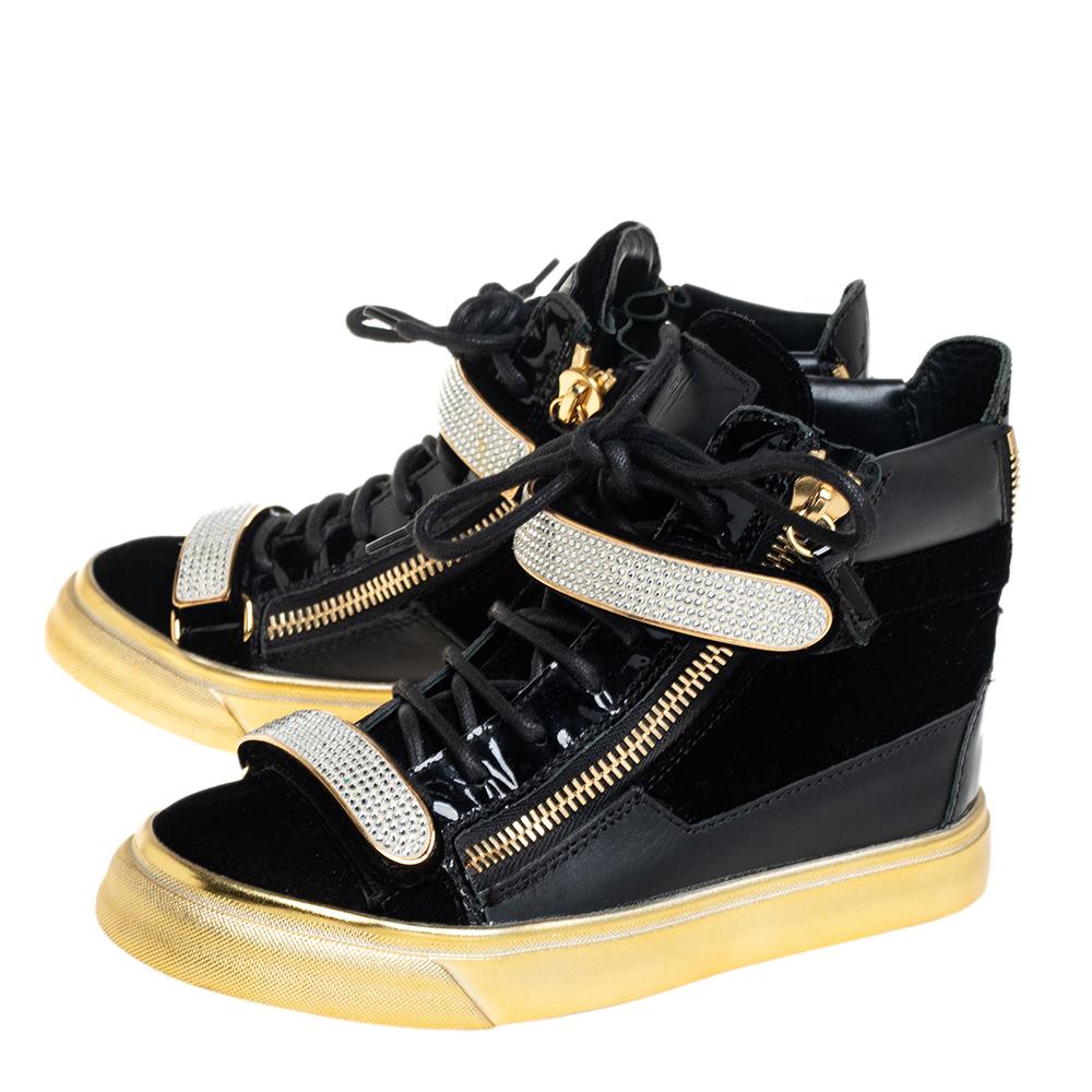 Giuseppe Zanotti Black Velvet Crystal Strap High Top Sneakers Size 35 For Sale 3