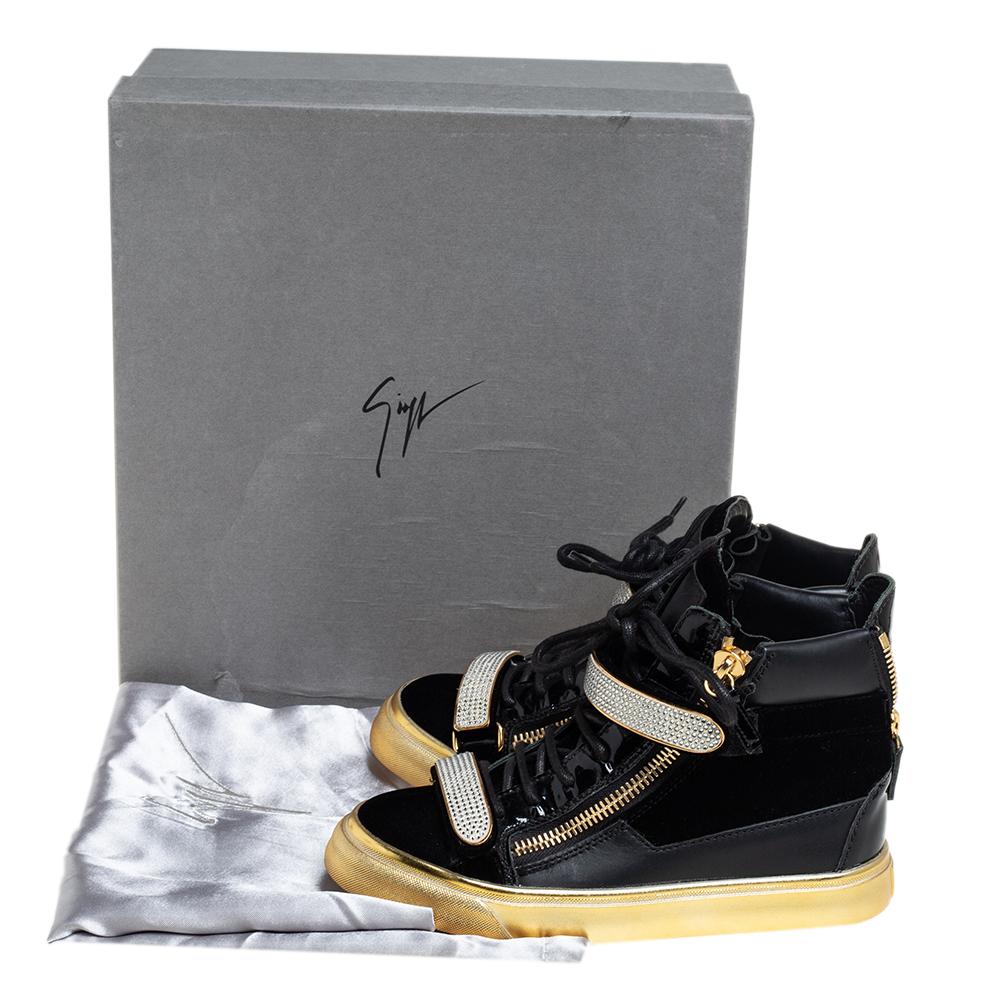 Giuseppe Zanotti Black Velvet Crystal Strap High Top Sneakers Size 35 3