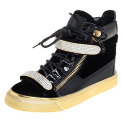 Giuseppe Zanotti Black Velvet Crystal Strap High Top Sneakers Size 35