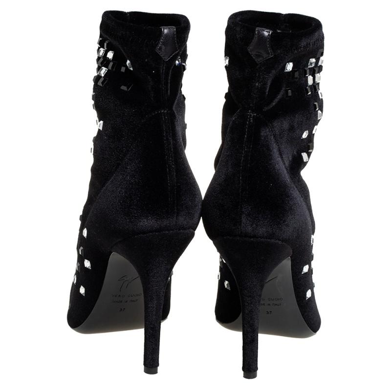 Women's Giuseppe Zanotti Black Velvet Embellished Boots Size 37 For Sale