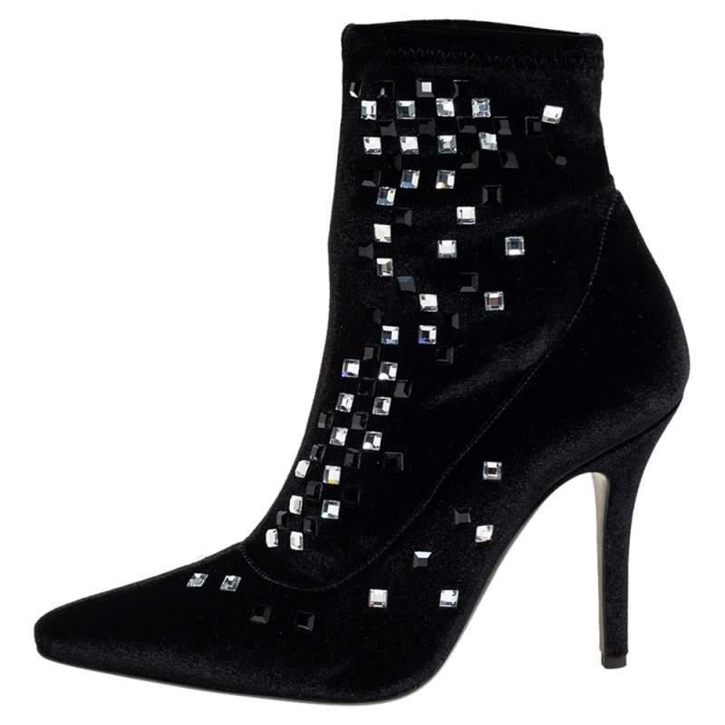 Giuseppe Zanotti Black Velvet Embellished Boots Size 37 For Sale 1