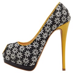 Giuseppe Zanotti Black/White Embroidered Canvas Sharon Peep Toe Pumps Size 37.5