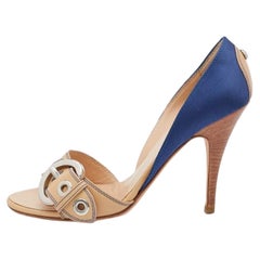Giuseppe Zanotti Blue/Beige Satin and Leather Buckle Side Sandals Size 37
