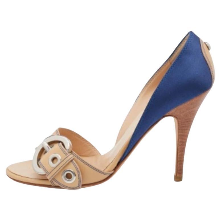 Giuseppe Zanotti Sandali in raso e pelle blu/beige con fibbia laterale misura 37