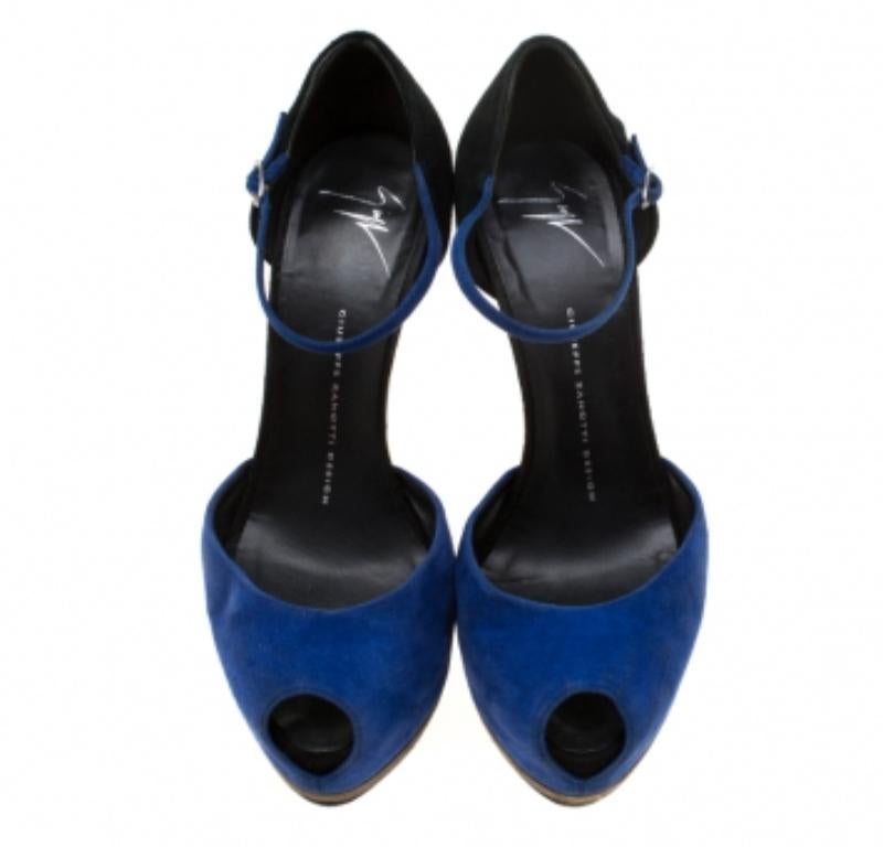 Donna Giuseppe Zanotti Blu/Nero in pelle scamosciata Peep Toe con cinturino alla caviglia, Sandali con Piattaforma Taglia 39 in vendita