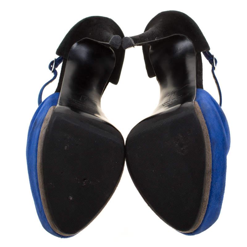 Women's Giuseppe Zanotti Blue/Black Suede Peep Toe Ankle Strap Platform Sandals Size 39 For Sale