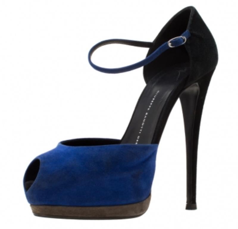Giuseppe Zanotti Blu/Nero in pelle scamosciata Peep Toe con cinturino alla caviglia, Sandali con Piattaforma Taglia 39 in vendita 2