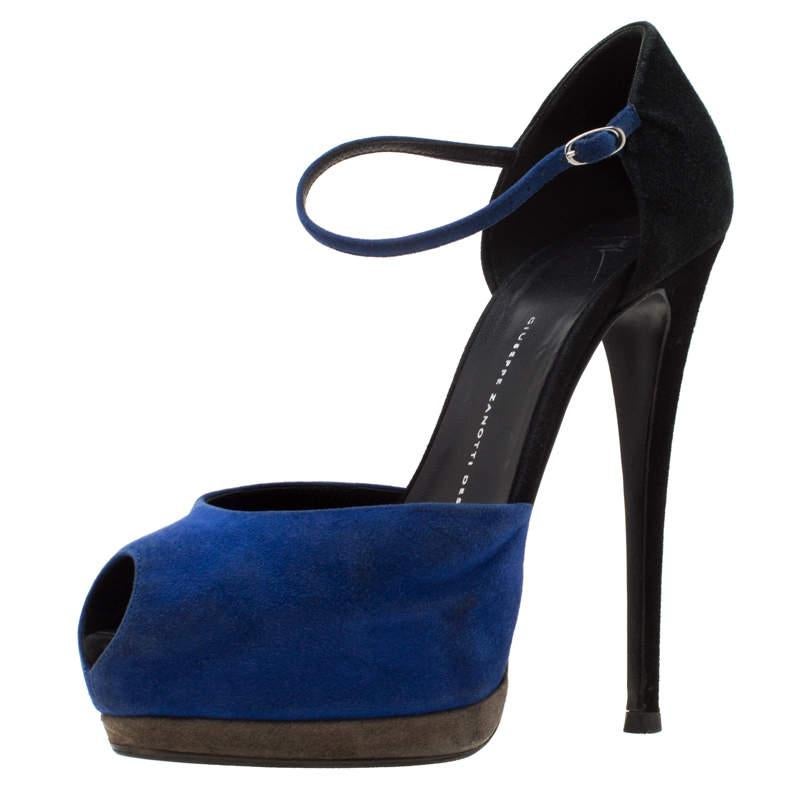 Giuseppe Zanotti Blue/Black Suede Peep Toe Ankle Strap Platform Sandals Size 39 For Sale 2