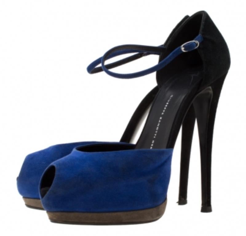 Giuseppe Zanotti Blu/Nero in pelle scamosciata Peep Toe con cinturino alla caviglia, Sandali con Piattaforma Taglia 39 in vendita 3