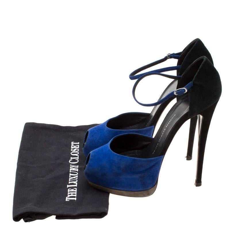 Giuseppe Zanotti Blue/Black Suede Peep Toe Ankle Strap Platform Sandals Size 39 For Sale 4