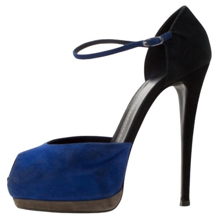 Giuseppe Zanotti Blu/Nero in pelle scamosciata Peep Toe con cinturino alla caviglia, Sandali con Piattaforma Taglia 39 in vendita