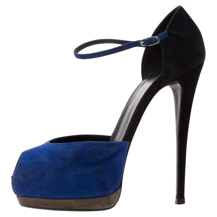 Giuseppe Zanotti Blue/Black Suede Peep Toe Ankle Strap Platform Sandals Size 39 For Sale