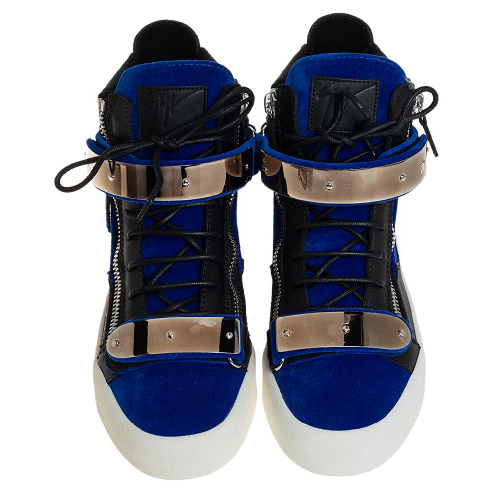 Giuseppe Zanotti Blau/Schwarz Samt und Leder Coby High Top Sneakers Größe 40 im Zustand „Neu“ in Dubai, Al Qouz 2