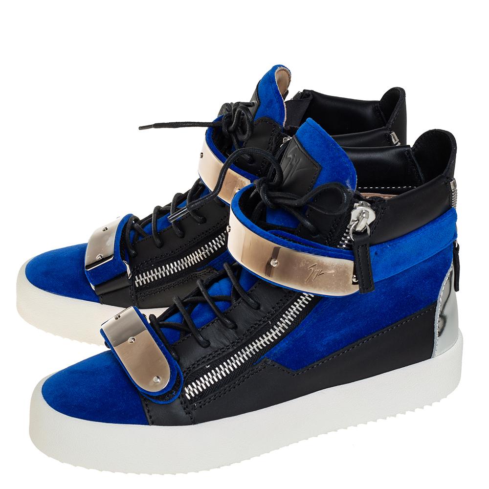 Giuseppe Zanotti Blau/Schwarz Samt und Leder Coby High Top Sneakers Größe 40 Herren
