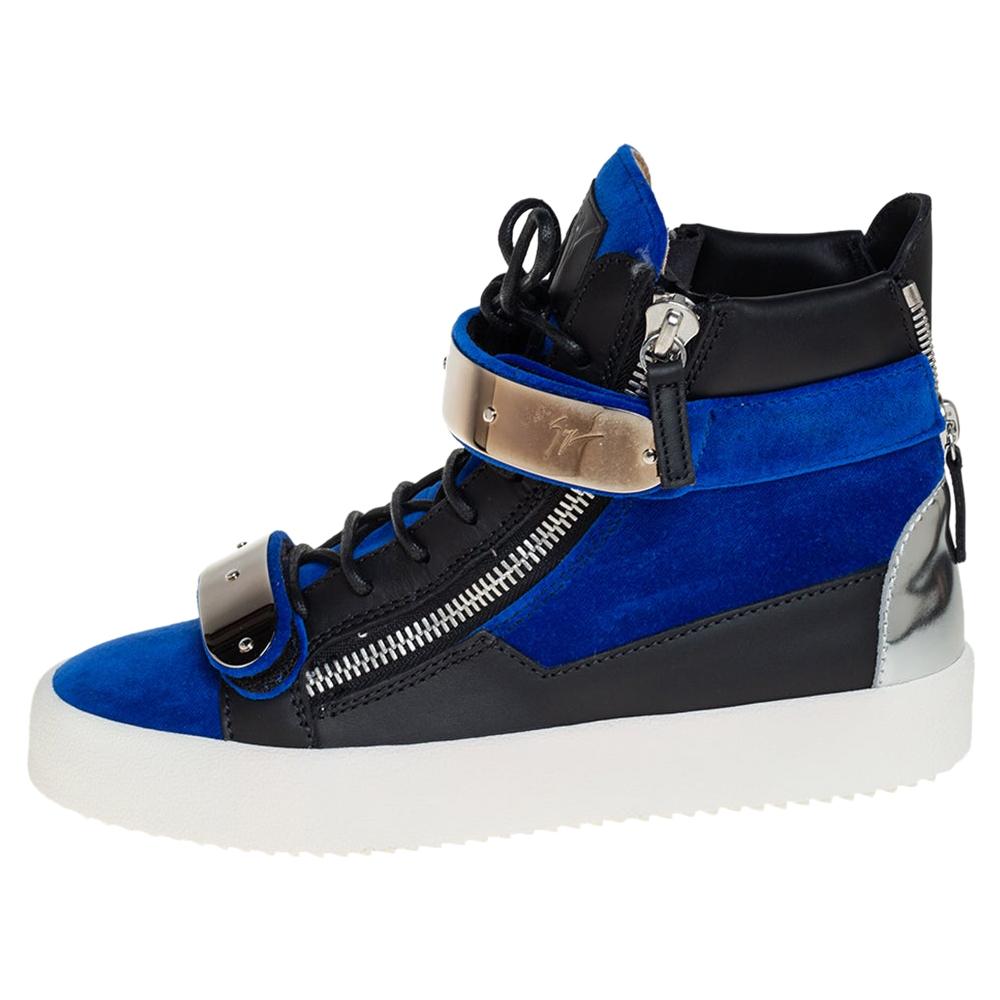 Giuseppe Zanotti Blue/Black Velvet And Leather Coby High Top Sneakers Size  40 at 1stDibs