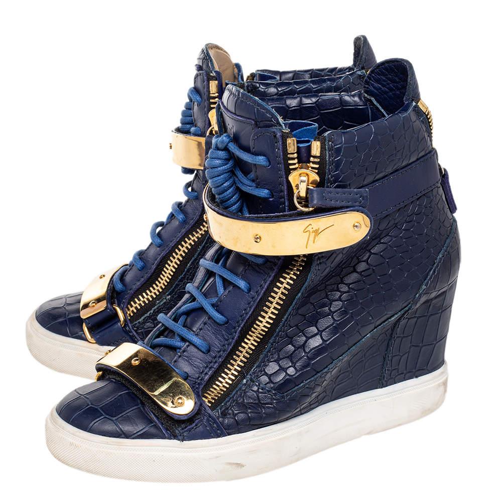 Black Giuseppe Zanotti Blue Croc Embossed Leather Coby Wedge Sneakers Size 38.5 For Sale