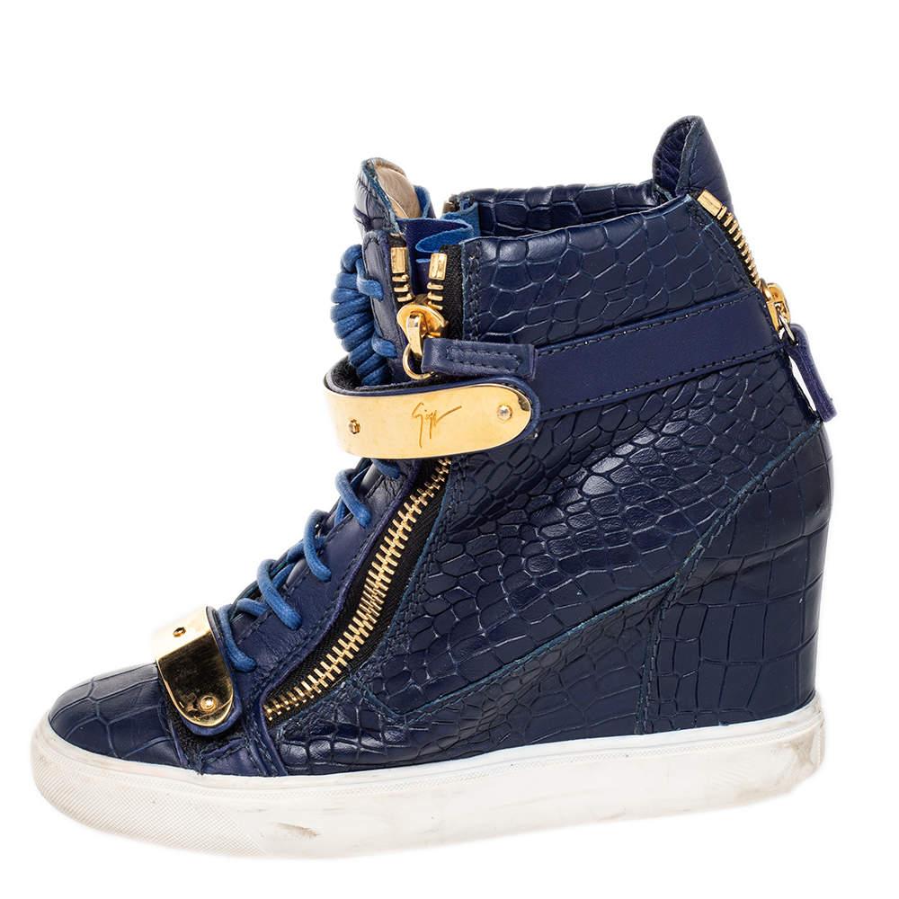 Giuseppe Zanotti Blue Croc Embossed Leather Coby Wedge Sneakers Size 38.5 In Good Condition For Sale In Dubai, Al Qouz 2