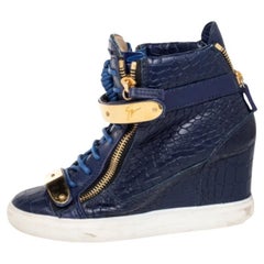 Giuseppe Zanotti Blue Croc Embossed Leather Coby Wedge Sneakers Size 38.5