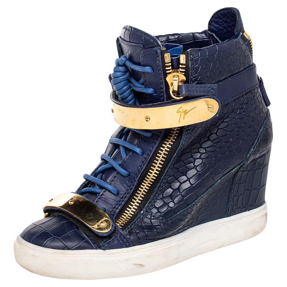 Giuseppe Zanotti Blue Croc Embossed Leather Coby Wedge Sneakers Size 38.5 For Sale