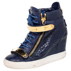 Used Giuseppe Zanotti Blue Croc Embossed Leather Coby Wedge Sneakers Size 38.5