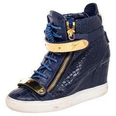 Giuseppe Zanotti Blue Croc Embossed Leather Coby Wedge Sneakers Size 38.5