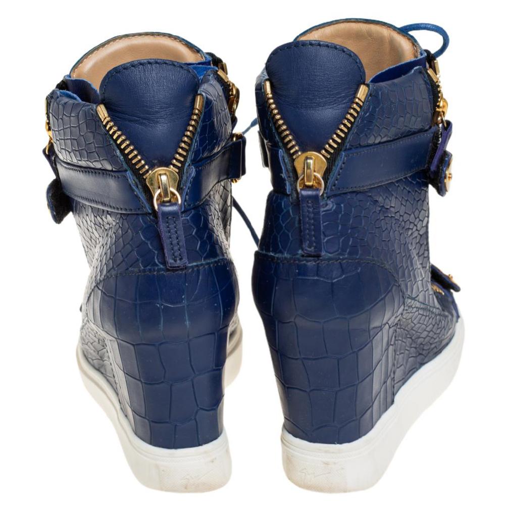 Women's Giuseppe Zanotti Blue Croc Embossed Leather High Top Sneakers Size 