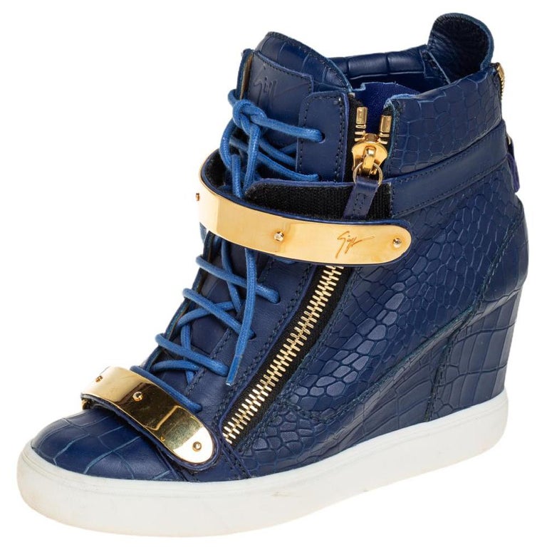 Zanotti Blue Croc Embossed Leather High Top Sneakers Size For Sale 1stDibs